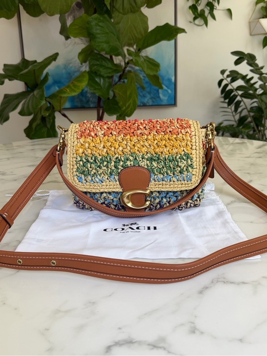Coach Handbags - NWOT Coach Soft Tabby Shoulder Crossbody Bag Rainbow Woven Straw & Leather CJ640